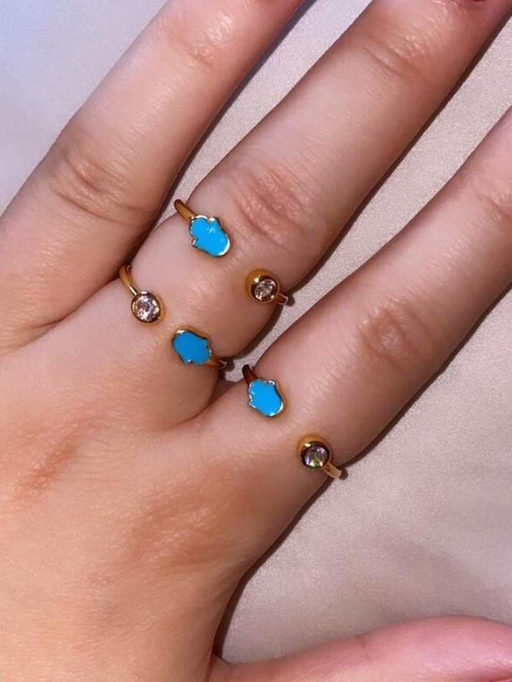 New Gold Plated Turquoise Hamsa Adjustable Open Ring